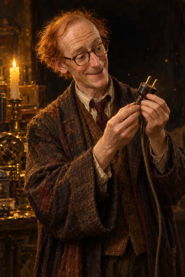 Retrato de Arthur Weasley, un hombre delgado y calvo con gafas y pelo rojo, sonriendo con curiosidad amable