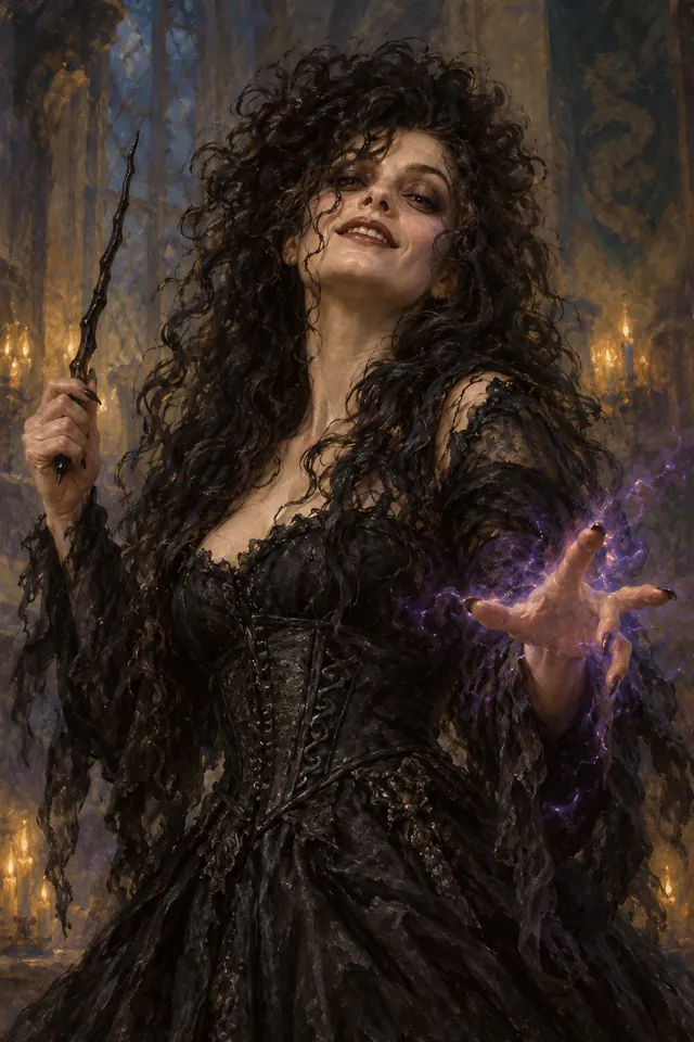 Retrato de Bellatrix Lestrange, una bruja de cabello negro rizado y abundante, párpados pesados y una sonrisa torcida