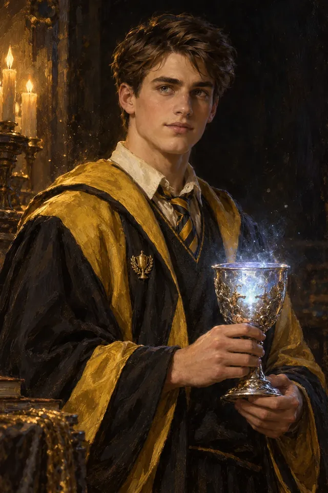 Retrato de Cedric Diggory, un joven alto de pelo castaño y ojos grises, con la túnica amarilla y negra de Hufflepuff