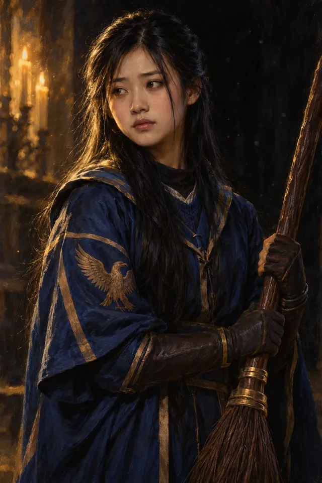 Retrato de Cho Chang, una joven de pelo negro largo y liso, con la túnica azul y bronce de Ravenclaw