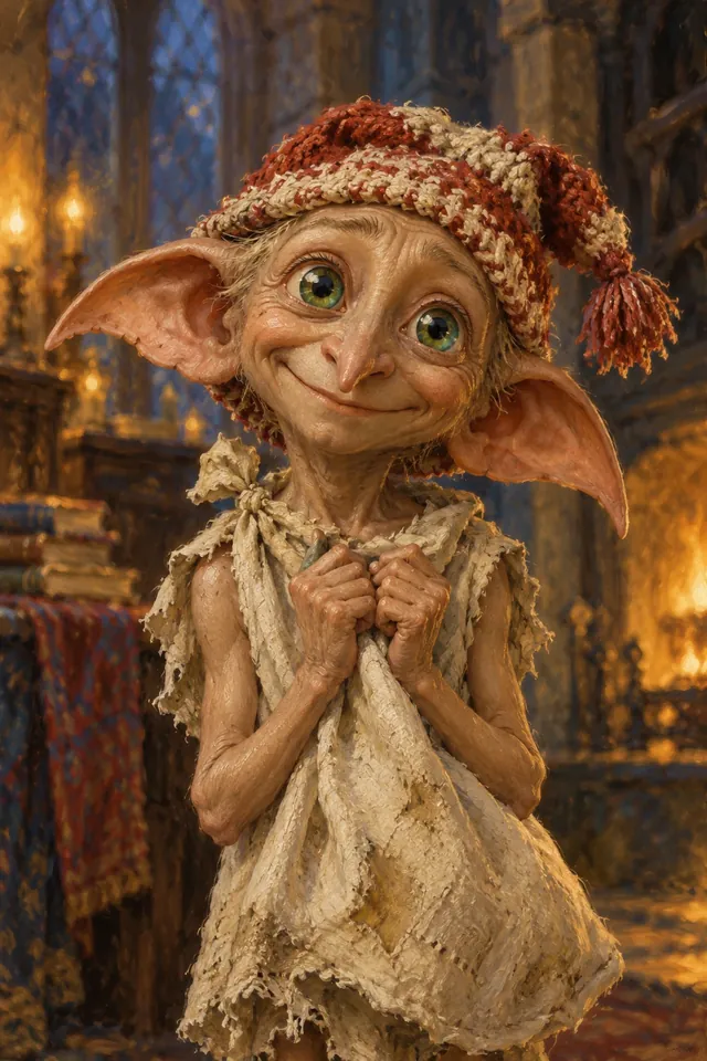 Retrato de Dobby, un elfo doméstico de grandes orejas de murciélago, ojos verdes enormes y un calcetín de colores en la cabeza