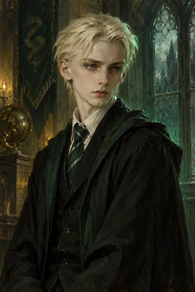 Retrato de Draco Malfoy, un joven de cabello rubio platino peinado hacia atrás, rostro pálido y túnica verde de Slytherin
