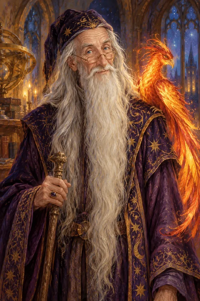 Retrato de Albus Dumbledore, un anciano de larga barba plateada, gafas de media luna y túnica de color violeta oscuro