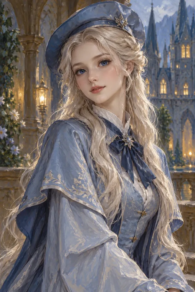 Retrato de Fleur Delacour, una joven de cabello rubio plateado muy largo, piel clara y uniforme azul claro de Beauxbatons
