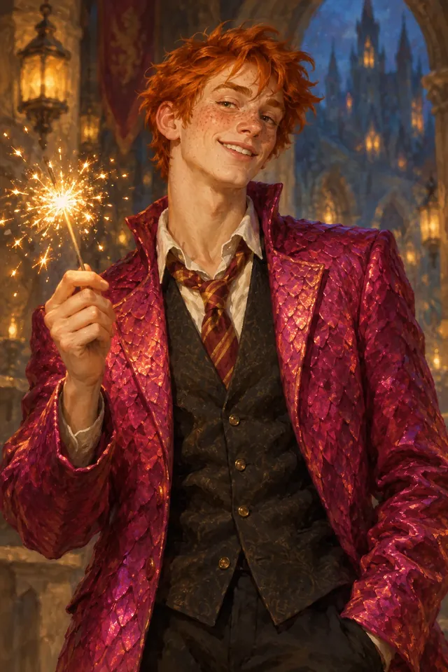 Retrato de Fred Weasley, un joven pelirrojo y pecoso de sonrisa traviesa, con túnica de Gryffindor y un fuego artificial en la mano