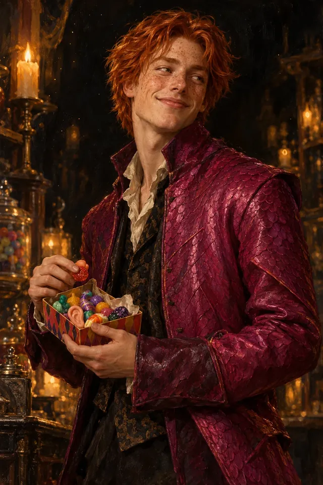 Retrato de George Weasley, un joven pelirrojo de sonrisa pícara, con una oreja marcada y túnica de colores brillantes