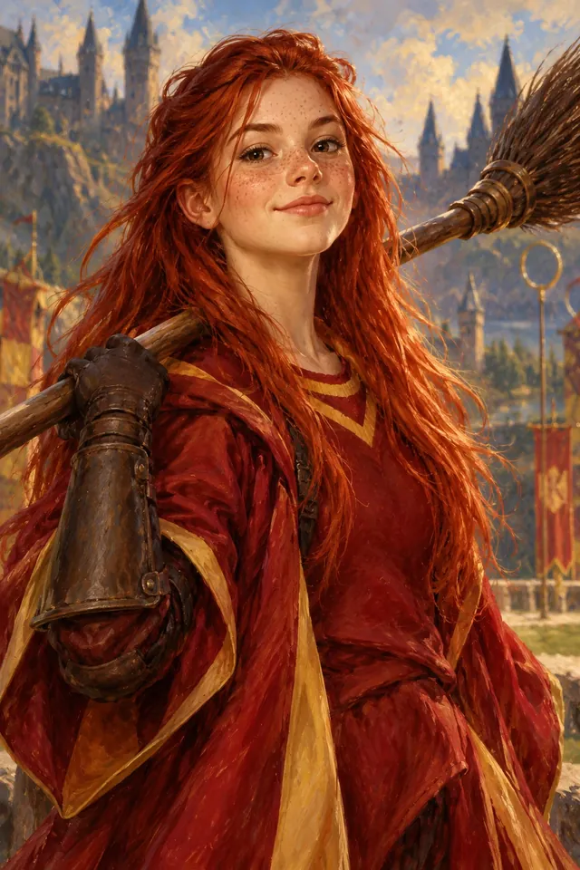 Retrato de Ginny Weasley, una joven pelirroja de mirada decidida con túnica de Gryffindor y una escoba de quidditch