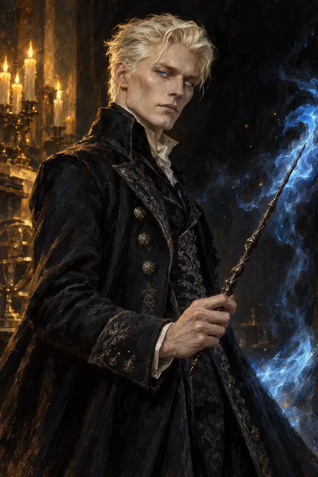 Retrato de Gellert Grindelwald, un mago de pelo rubio y mirada fría, con túnica oscura y la Varita de Saúco en la mano