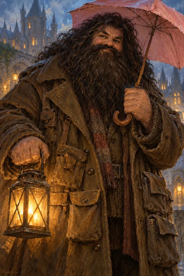 Retrato de Rubeus Hagrid, un hombre enorme de barba y melena enmarañadas, abrigo de piel de topo y manos del tamaño de tapas de cubo