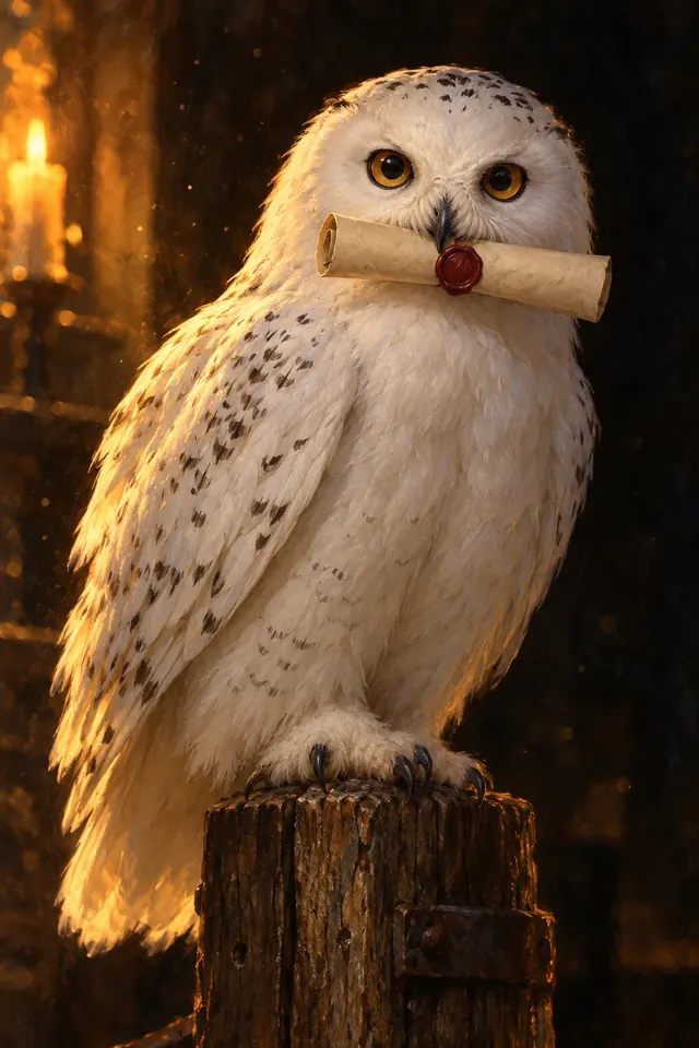 Retrato de Hedwig, una lechuza blanca con motas oscuras y grandes ojos ámbar, posada sobre una percha