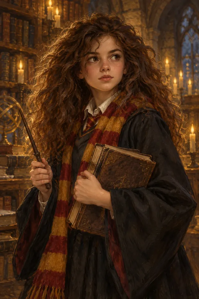 Retrato de Hermione Granger, una joven de cabello castaño muy rizado, con túnica de Gryffindor y un libro entre las manos