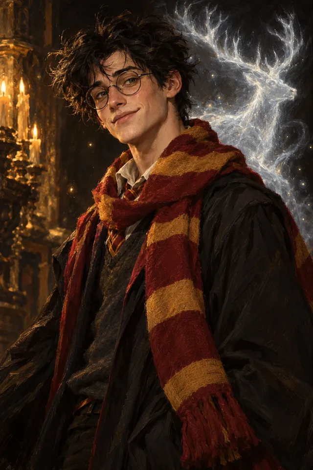 Retrato de James Potter, un joven de pelo negro revuelto y gafas redondas, con aire travieso y seguro