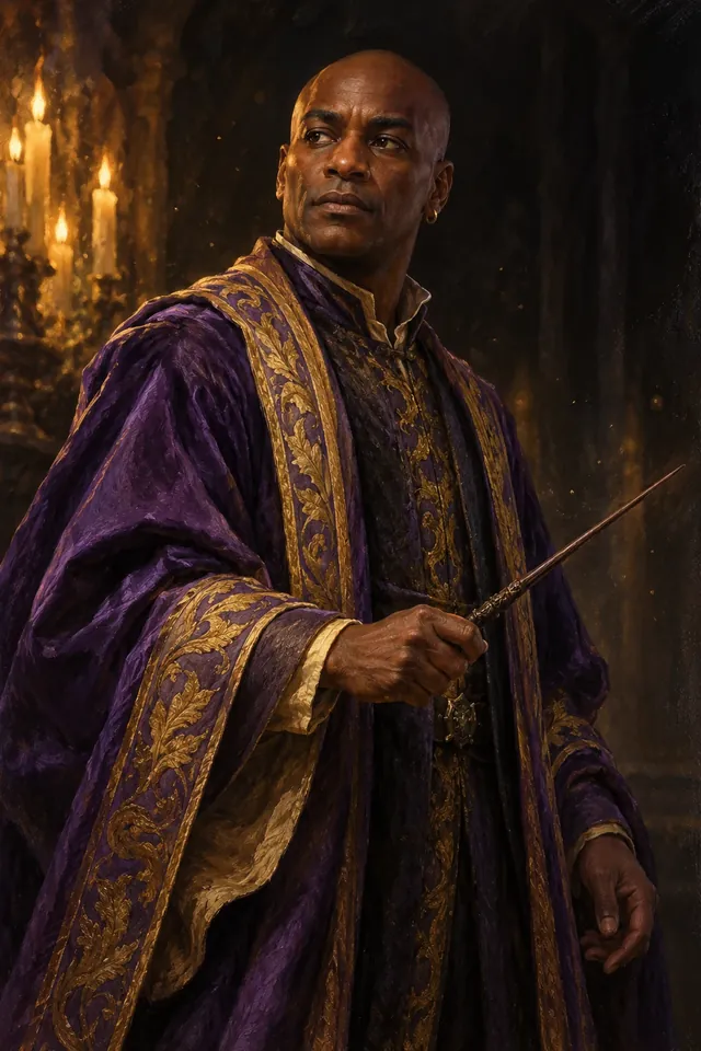 Retrato de Kingsley Shacklebolt, un mago alto y calvo de voz grave y túnica oscura