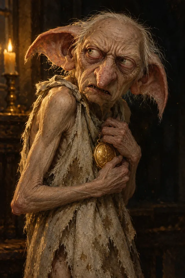 Retrato de Kreacher, un elfo doméstico viejo de orejas peludas y ojos rojos, envuelto en un trapo gris