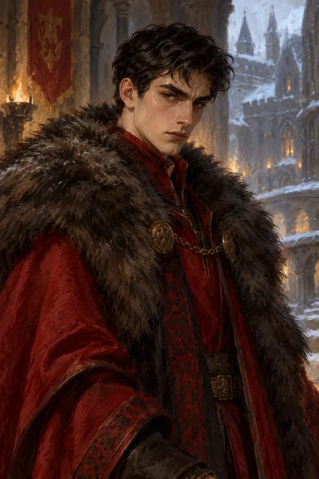 Retrato de Viktor Krum, un joven de cejas oscuras y gesto serio, con el uniforme rojo de Durmstrang