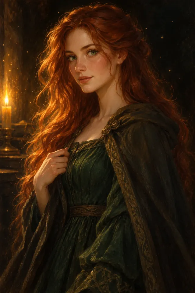 Retrato de Lily Potter, una joven de pelo rojo oscuro y ojos verdes muy brillantes, con una leve sonrisa