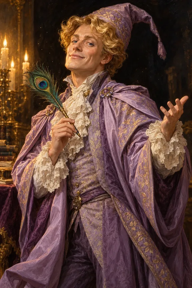 Retrato de Gilderoy Lockhart, un mago de pelo rubio ondulado y sonrisa perfecta, con túnica azul turquesa