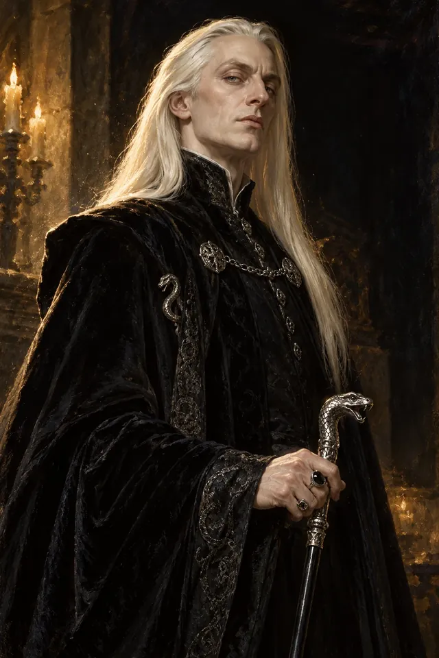 Retrato de Lucius Malfoy, un hombre de pelo rubio platino y rostro pálido, con túnica negra y un bastón con cabeza de serpiente