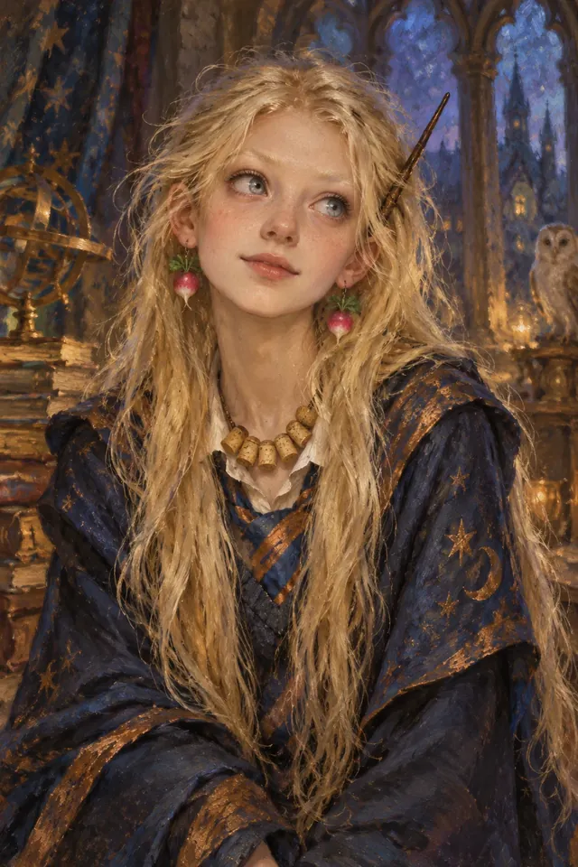 Retrato de Luna Lovegood, una joven de cabello rubio claro y largo, ojos muy abiertos y unos pendientes de rábano