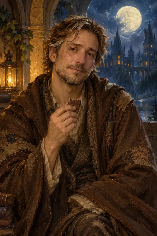 Retrato de Remus Lupin, un hombre joven de aspecto cansado, cabello castaño con canas prematuras y túnica remendada