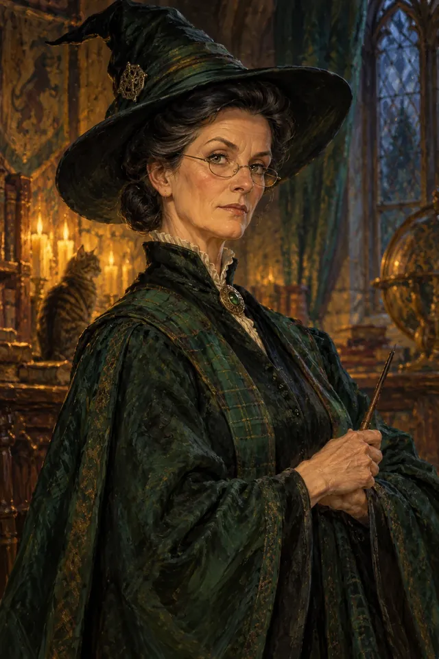 Retrato de Minerva McGonagall, una bruja de rostro severo con el cabello recogido, gafas cuadradas y sombrero puntiagudo