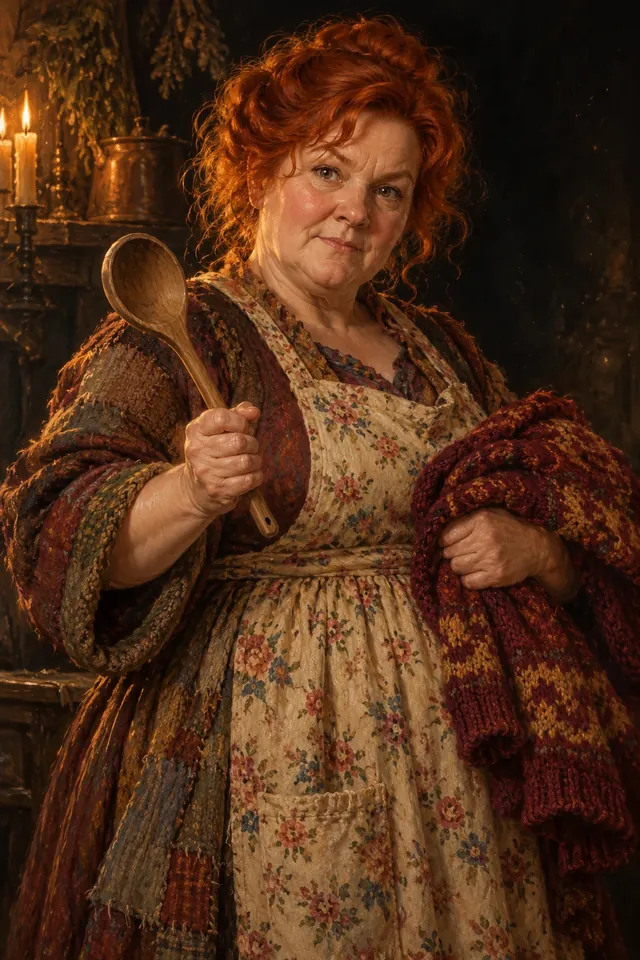 Retrato de Molly Weasley, una mujer de mejillas rosadas y pelo rojo recogido, con delantal y varita en la mano