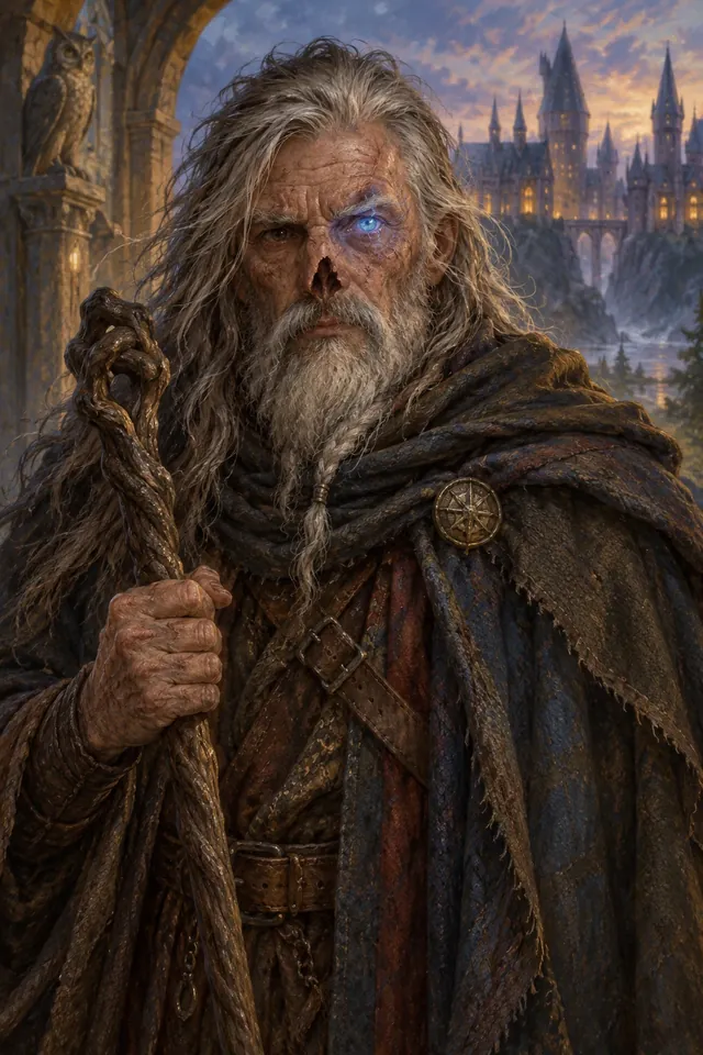 Retrato de Alastor Moody, un hombre de rostro lleno de cicatrices, una pata de palo y un ojo mágico azul que gira sin parar