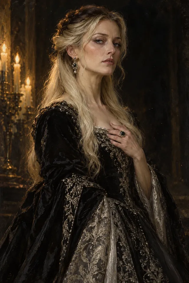 Retrato de Narcissa Malfoy, una mujer de pelo rubio con una franja oscura, rostro serio y túnica negra elegante
