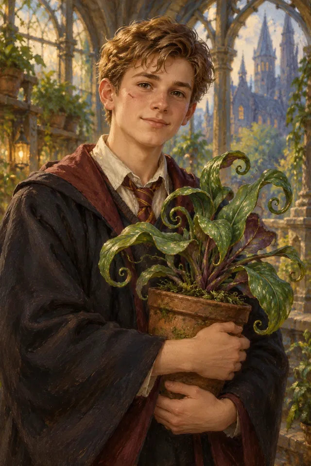 Retrato de Neville Longbottom, un joven de rostro redondo con túnica de Gryffindor, tierra en las manos y la espada de Gryffindor al fondo