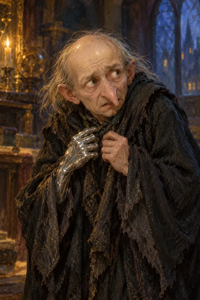 Retrato de Peter Pettigrew, un hombre bajo, regordete y de ojos llorosos, con una mano de plata brillante y rasgos de rata