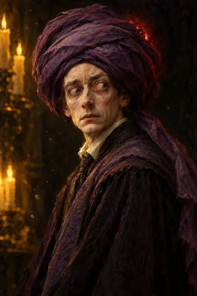Retrato del profesor Quirrell, un hombre pálido y nervioso con un turbante morado y gesto asustado