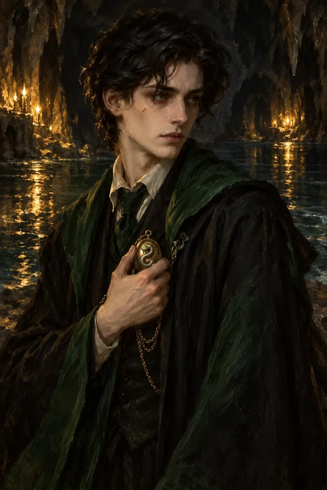 Retrato de Regulus Black, un joven de pelo oscuro y rasgos aristocráticos parecidos a los de Sirius, con túnica verde y plateada