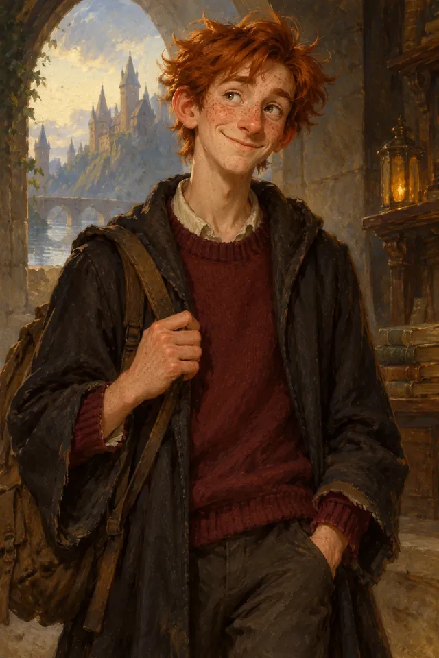 Retrato de Ron Weasley, un joven pelirrojo y pecoso con túnica de Gryffindor y expresión entre nerviosa y decidida