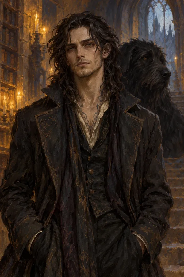 Retrato de Sirius Black, un hombre de cabello oscuro y largo, rostro demacrado y mirada intensa, con un perro negro a su lado