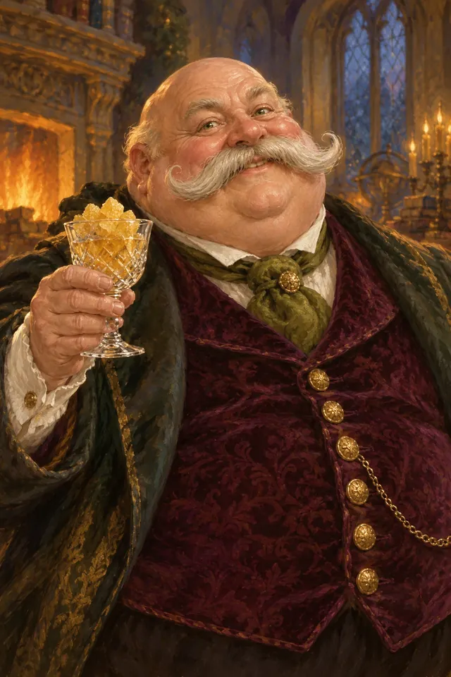 Retrato de Horace Slughorn, un mago grueso y bigotudo con túnica de terciopelo y una sonrisa de anfitrión