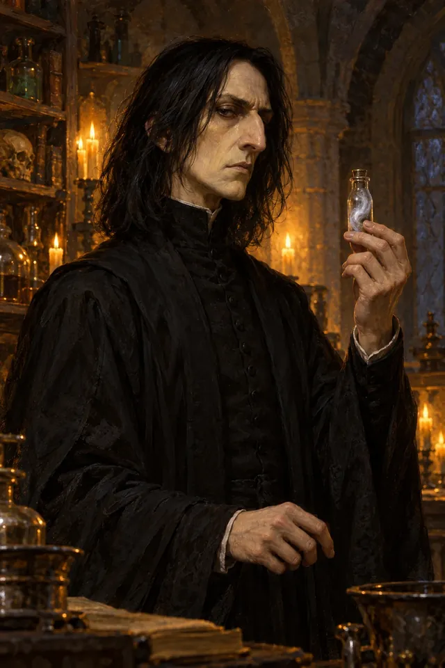 Retrato de Severus Snape, un hombre pálido de cabello negro y largo, nariz ganchuda y túnica negra abotonada hasta el cuello