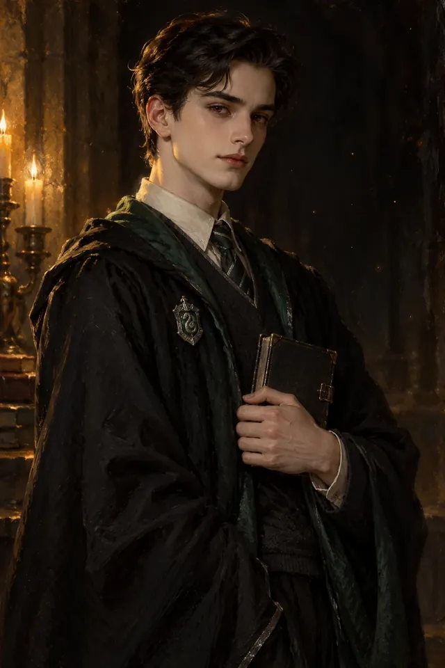 Retrato de Tom Riddle adolescente, un joven alto de pelo oscuro y rasgos elegantes, con uniforme de Hogwarts y una mirada fría