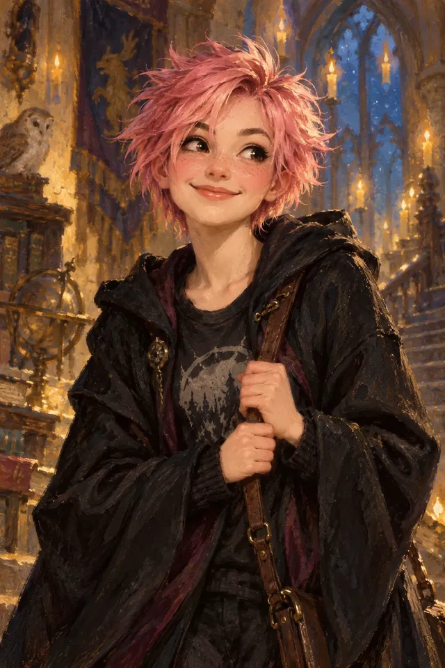 Retrato de Tonks, una bruja joven de pelo corto de color rosa chicle y sonrisa traviesa