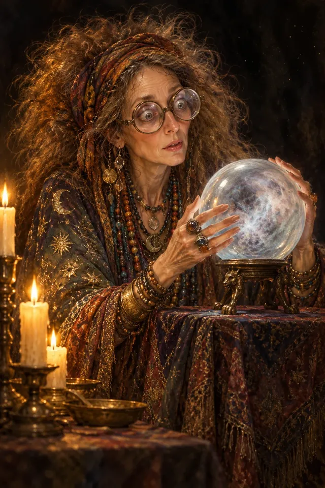 Retrato de la profesora Trelawney, una mujer delgada con gafas enormes, muchos collares y chales de colores