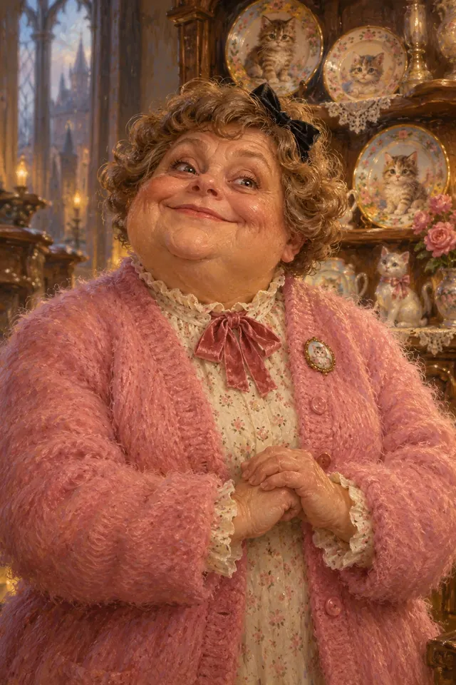 Retrato de Dolores Umbridge, una bruja baja y rechoncha con rostro de sapo, cardigan rosa y un lazo de terciopelo en el cabello