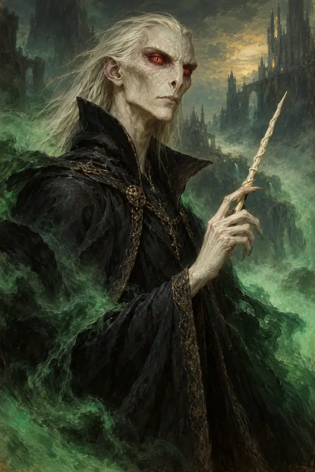 Retrato de Lord Voldemort, una figura pálida, calva y sin nariz de ojos rojos rasgados, con una túnica negra