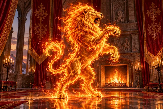 Un león heráldico dorado sobre fondo escarlata, junto a una espada antigua con rubíes