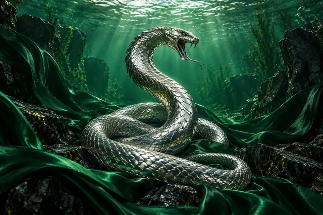 Una serpiente plateada heráldica sobre fondo verde esmeralda, iluminada por una luz fría que parece venir del agua