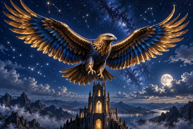 Un águila de bronce heráldica con las alas abiertas sobre un cielo azul noche lleno de constelaciones
