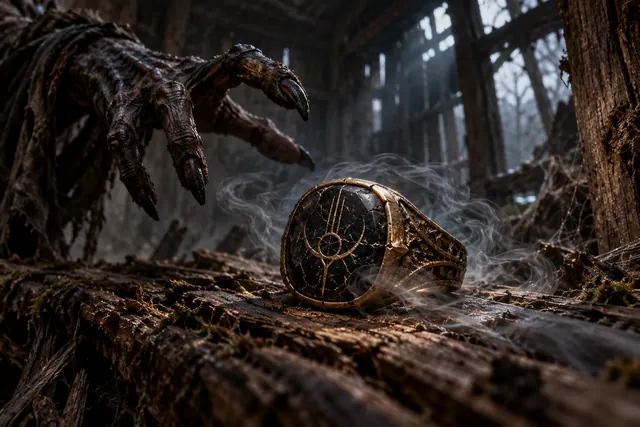 Un anillo antiguo con una piedra negra agrietada sobre una mesa de madera, iluminado por una vela