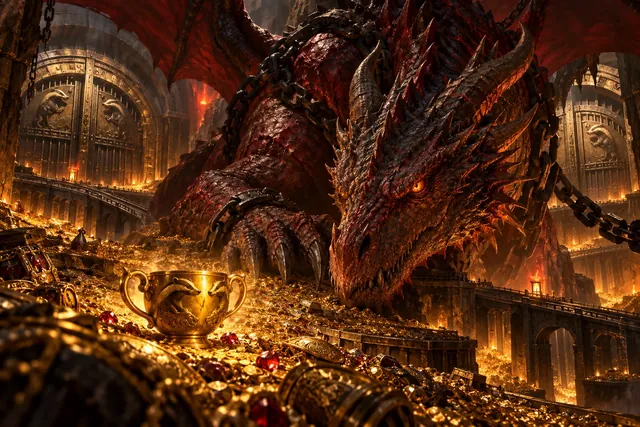 Una copa de oro con un tejón grabado sobre montañas de tesoro en una bóveda subterránea, con un dragón pálido al fondo