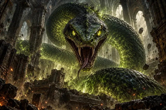 Una serpiente enorme enroscada en la oscuridad, con escamas verdes iluminadas por una luz fría