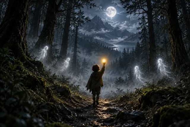 A young wizard walks alone toward a forest clearing at night, surrounded by dim, glowing figures