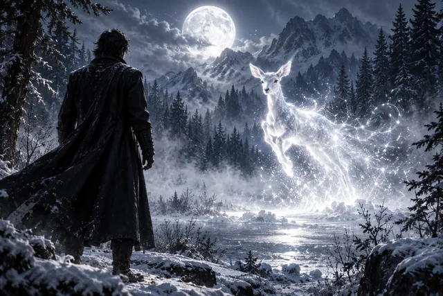 Un hombre de túnica negra de espaldas en un bosque nevado de noche, frente a una cierva plateada luminosa