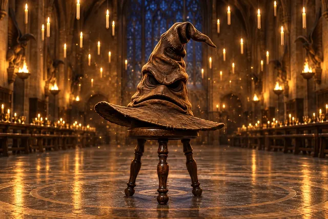 Un viejo sombrero de mago remendado sobre un taburete, en un gran salón iluminado por cientos de velas flotantes